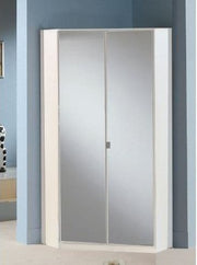 Lavish Kitchen Isle Arctic Elegance corner wardrobe with mirrored doors, hanging rails, and shelving for space-saving storage.