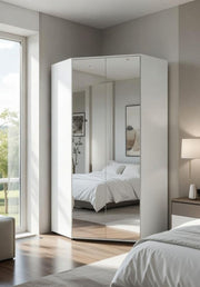 Santino white corner wardrobe with mirrored doors, hanging rails, and shelving for space-saving storage in modern bedrooms.