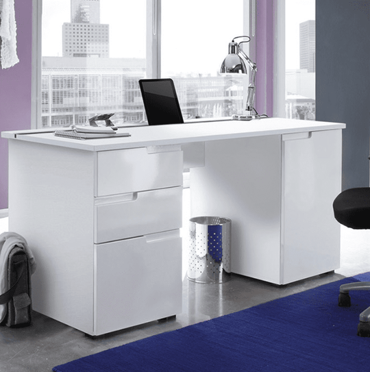 Arctic Elegance Large White Gloss Computer Desk Modern Office Desk with Storage Drawers and Cupboards