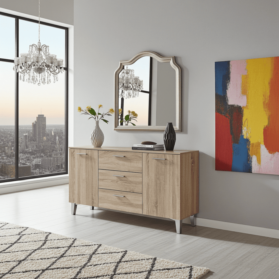Lavish Kitchen Isle Morire large oak effect sideboard with 2 doors and 3 drawers, featuring a wide design and modern style