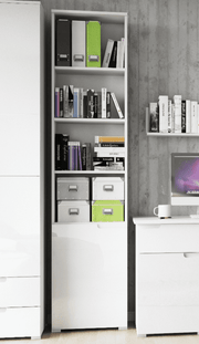 Lavish Kitchen Isle Arctic Elegance tall narrow 6-tier bookcase with white gloss door, modern storage shelving unit.
