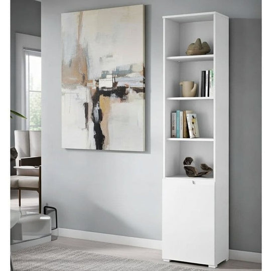 Arctic Elegance Tall Narrow 6 Tier Shelving Bookcase Unit with White Gloss Door – Modern Storage Solution