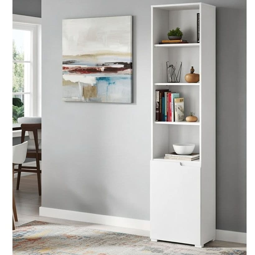 Lavish Kitchen Isle Arctic Elegance tall narrow 6-tier shelving bookcase with white gloss door for modern storage.
