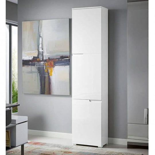 Arctic Elegance Tall Narrow Bookcase with White Gloss Doors – Modern Shelving Storage Unit with Concealed Compartments Ideal for Living Room, Office, or Study