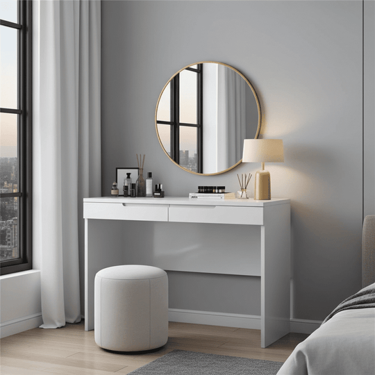 Arctic Elegance White High Gloss 2-Drawer Office Desk Table Modern Flap Dressing Table for Home and Workspace