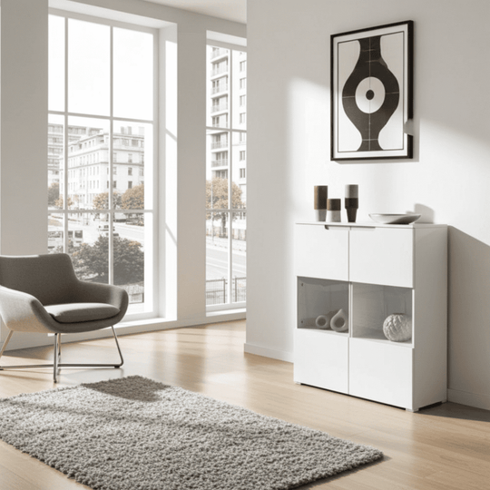 Arctic Elegance White Gloss Display Cabinet with Glass Doors and Shelves for Living and Dining Room Storage