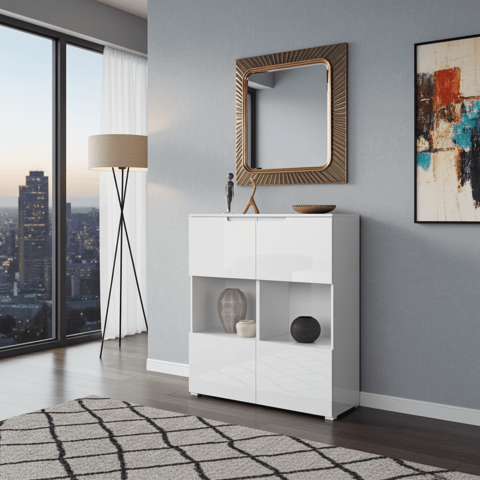 Lavish Kitchen Isle Arctic Elegance white gloss display cabinet with glass doors and shelves for living and dining room storage.
