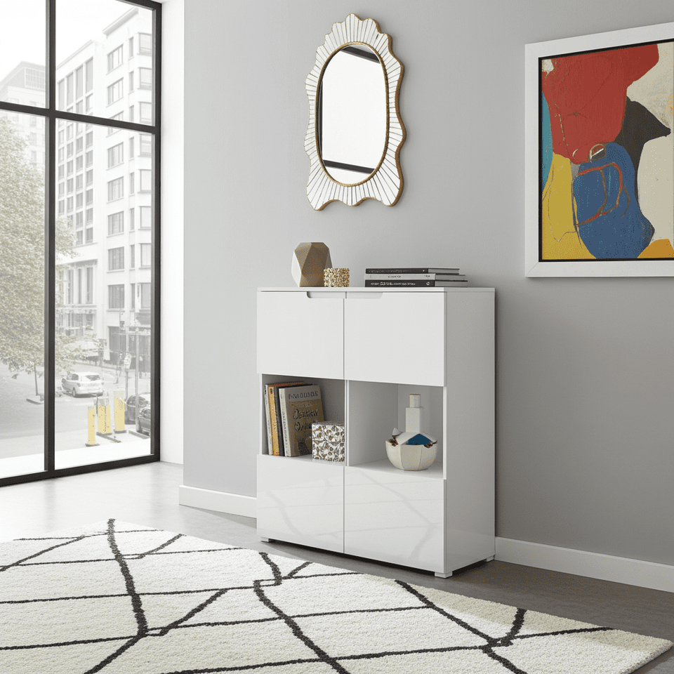 White gloss display cabinet with glass doors and shelves by Lavish Kitchen Isle, ideal for living and dining room storage.