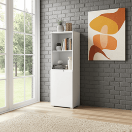 White gloss modern 4-tier narrow bookcase with door shelving by Lavish Kitchen Isle, ideal for stylish storage in any room.