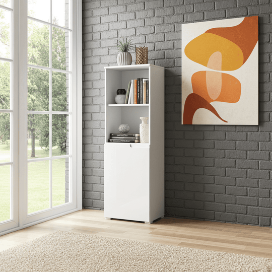 Arctic Elegance Modern White Gloss 4 Tier Narrow Bookcase Unit with Door Shelving Storage for Any Room