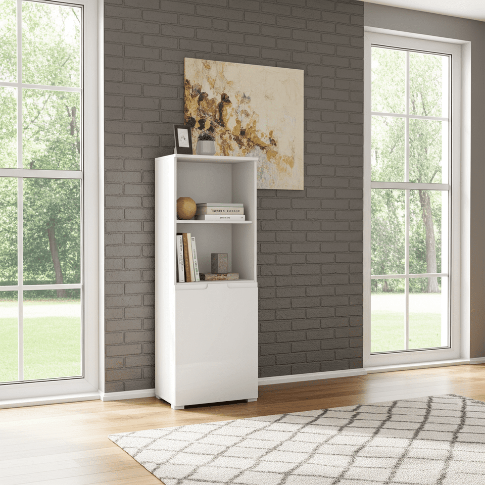 White gloss modern narrow bookcase with four tiers and door shelving, ideal for storage in any room by Lavish Kitchen Isle