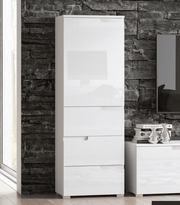 Lavish Kitchen Isle Arctic Elegance white gloss slim tallboy storage unit with 3 drawers, 1 cupboard, and internal shelf for organized storage.