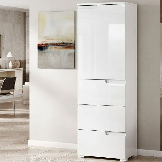 Lavish Kitchen Isle Arctic Elegance white gloss slim tallboy storage unit with 3 drawers, 1 cupboard, and internal shelf for modern kitchen storage