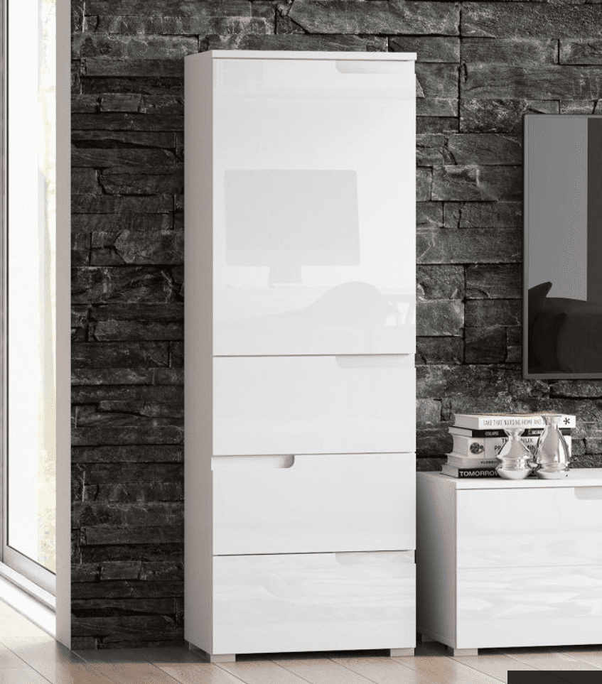 Arctic Elegance White Gloss Slim Tallboy Storage Unit 3 Drawer, 1 Door Cupboard with Internal Shelf