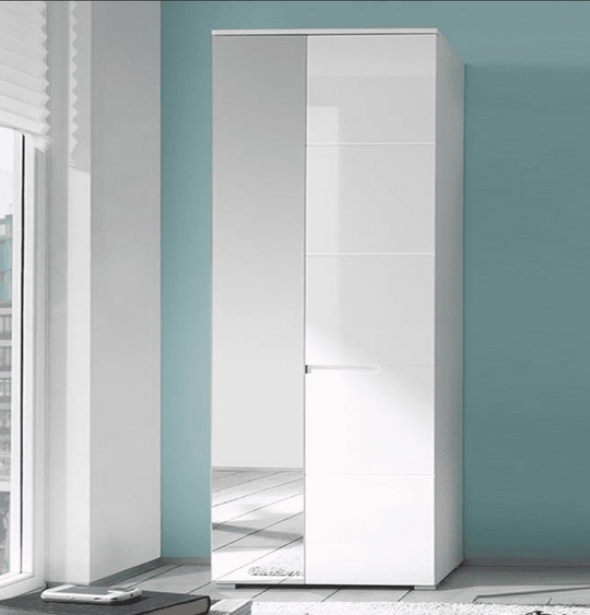 Arctic Elegance Sleek White Gloss Wardrobe with Mirrored Door, Pullout Hanging Rail, and Shelves – Slim Storage Cupboard with Drawers