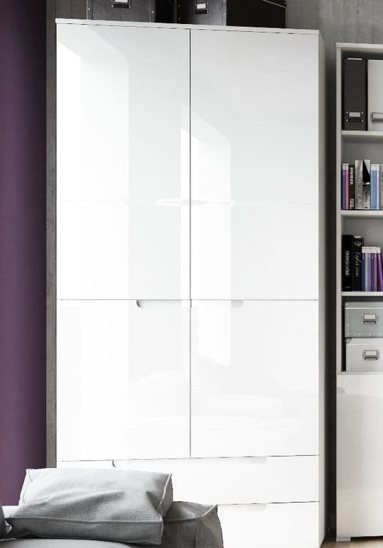 Modern Arctic Elegance White Gloss Wardrobe with Shelving and Drawers – 2 Doors, 2 Drawers, Stylish Storage Solution