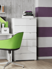 White high gloss tall chest of drawers with six drawers from Lavish Kitchen Isle, ideal for modern bedroom storage.