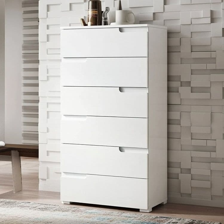 White high gloss tall chest of drawers with 6 spacious drawers from Lavish Kitchen Isle, modern bedroom storage unit, 65cm wide.