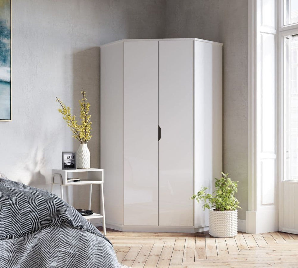 Arctic Elegance White High Gloss Corner Wardrobe with Hanging Rails and Shelving – Space-Saving Storage Solution for Compact Bedrooms