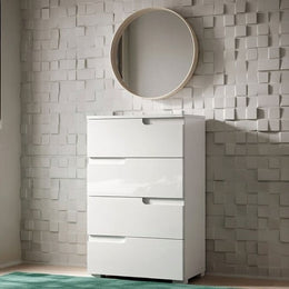 Arctic Elegance white high gloss narrow chest of drawers by Lavish Kitchen Isle, with four sleek drawers for bedroom storage.