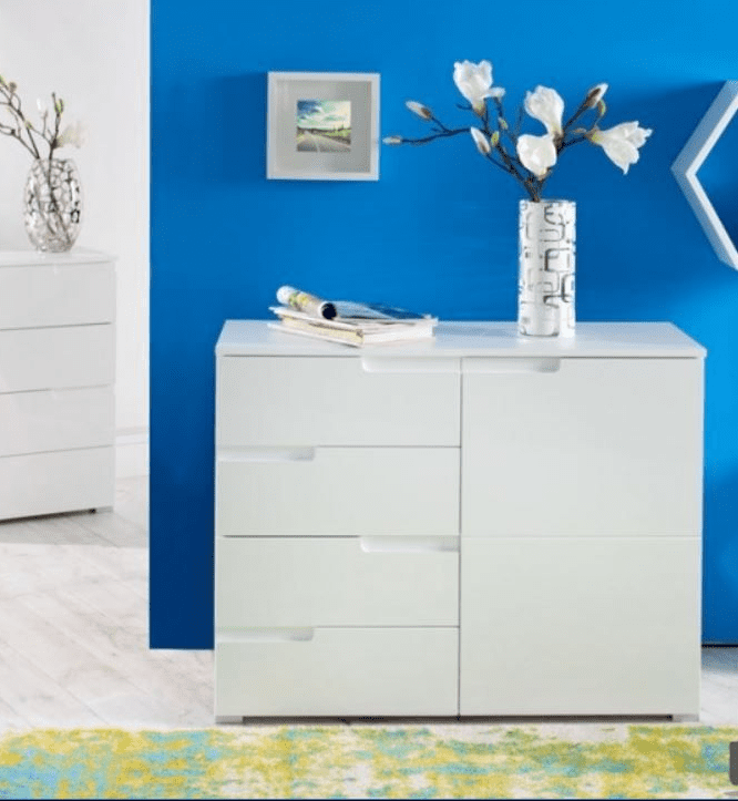 Arctic Elegance White High Gloss Narrow Sideboard Cabinet Storage Unit for Living & Dining Room Furniture