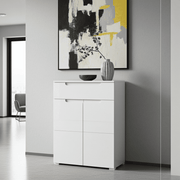 White high gloss tall sideboard cabinet with solid drawers and doors, ideal for living, dining, or bedroom storage by Lavish Kitchen Isle.