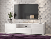 Lavish Kitchen Isle Arctic Elegance white high gloss TV stand cabinet with doors and drawer, modern entertainment storage unit.