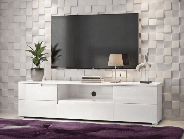 Lavish Kitchen Isle Arctic Elegance white high gloss TV stand cabinet with doors and drawer, modern entertainment storage unit.
