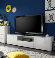 White high gloss TV stand cabinet with doors and drawer, modern entertainment storage from Lavish Kitchen Isle
