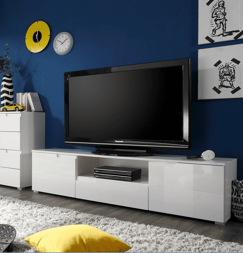 White high gloss TV stand cabinet with doors and drawer, modern entertainment storage from Lavish Kitchen Isle
