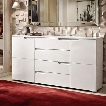 Lavish Kitchen Isle Arctic Elegance white high gloss wide sideboard with 4 drawers and 2 doors, perfect for living and dining room storage.