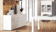 Lavish Kitchen Isle Arctic Elegance white high gloss wide sideboard cabinet with 4 drawers and 2 doors for living and dining rooms.