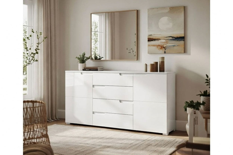 Lavish Kitchen Isle Arctic Elegance white high gloss wide sideboard cabinet with 4 drawers and 2 doors for living and dining rooms.