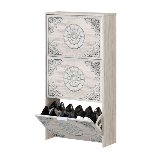 Aura Grey and White Oak Shoe Cabinet – Modern 18 Pair Shoe Storage with Carved Floral Design