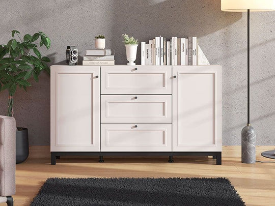 Modern taupe storage cabinet with shelves and drawers