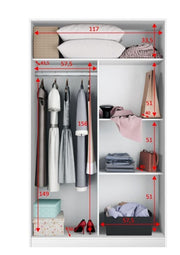 Savona white high gloss sliding wardrobe with two doors, shelves, and hanging rail for efficient storage.