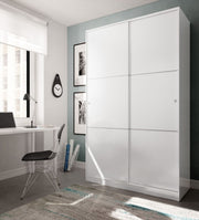 Lavish Kitchen Isle Savona white sliding wardrobe with two doors, shelves, and hanging rail, 120cm wide, high gloss finish.