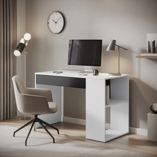 Arboris Grey and White Home Office Desk – Study Table with Drawer, Shelves, and Reversible Legs