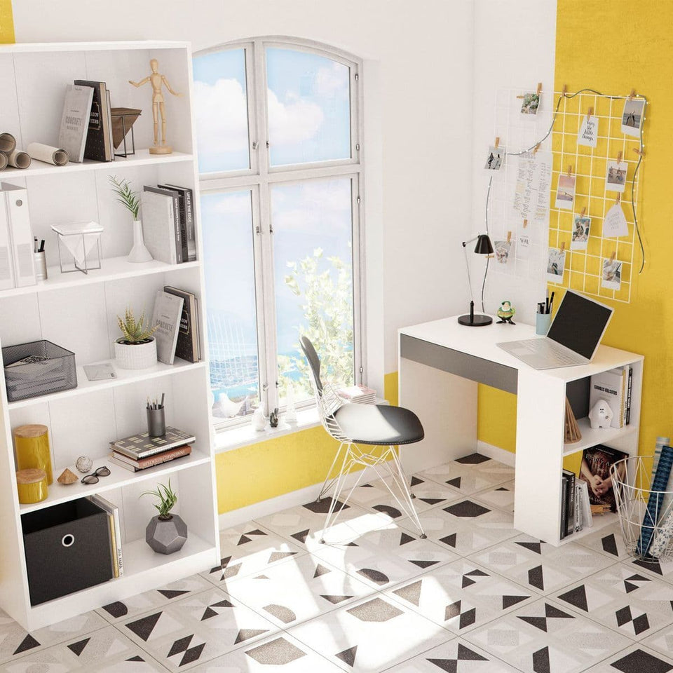 Lavish Kitchen Isle Arboris grey and white home office desk with drawer, shelves, and reversible legs for study or work space.