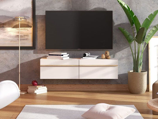 Wall Mounted TV Cabinet – Cashmere & Oak Effect – 128cm Wide