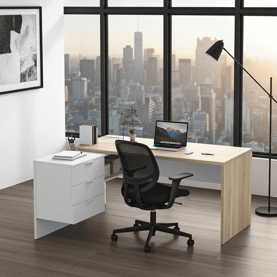 Calyx Oak and White Home Office Desk Corner Desk, Study Table, Computer Workstation with Storage