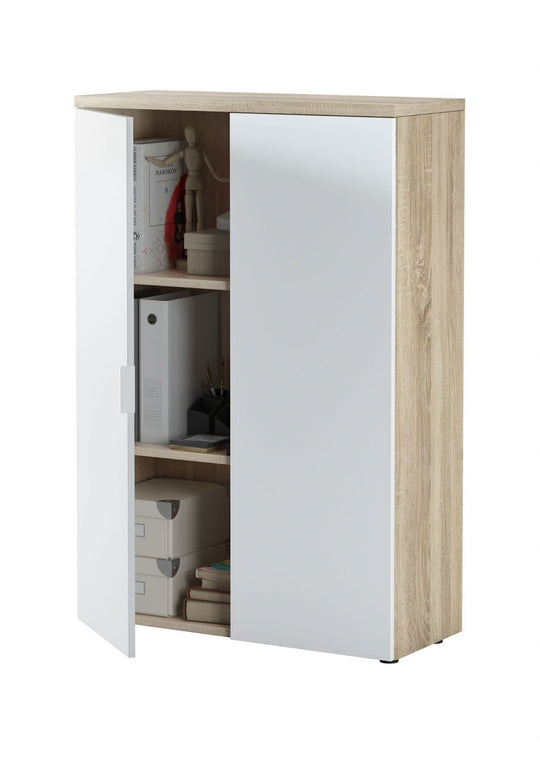 Oak and White Storage Cupboard with 2 Shelves and 2 Doors