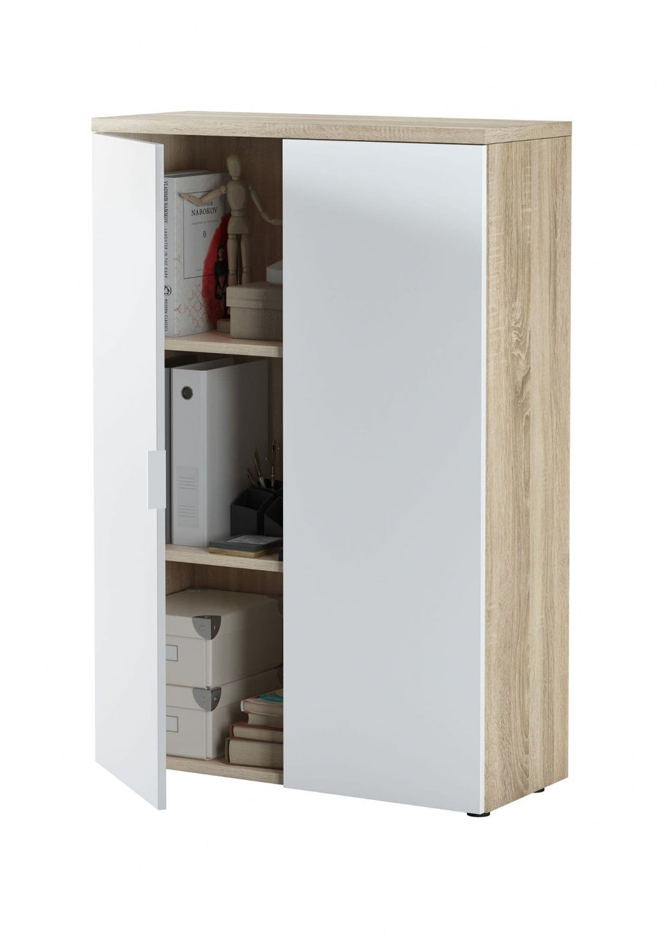 Astra Oak and White Storage Cupboard 80cm Wide 2 Doors, 2 ShelvesVersatile Storage Cabinet for Home or Office