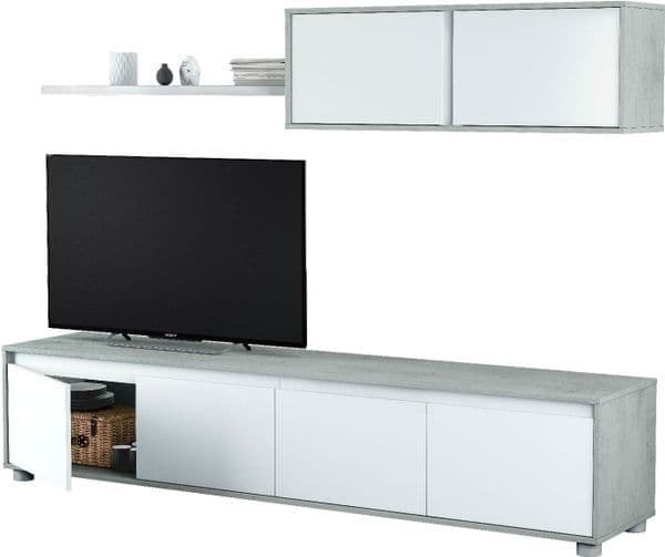 Modern Concrete Grey & White TV Entertainment Unit – 200cm Wide Cabinet Set