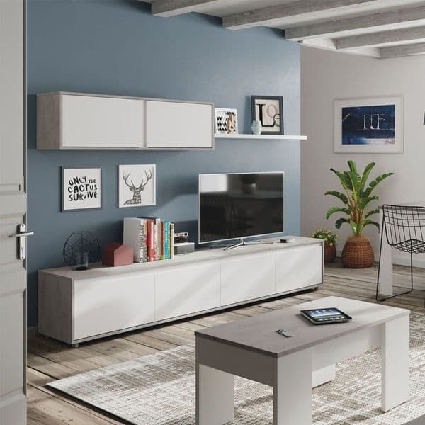 Modern Concrete Grey & White TV Entertainment Unit – 200cm Wide Cabinet Set