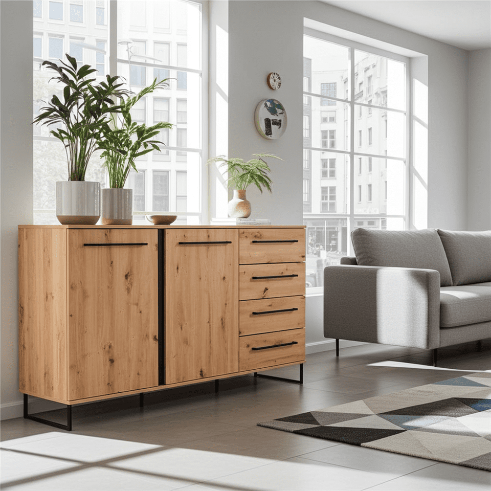 Rustic Oak Effect Sideboard Cabinet with 2 Doors & 4 Drawers – Modern Storage Unit