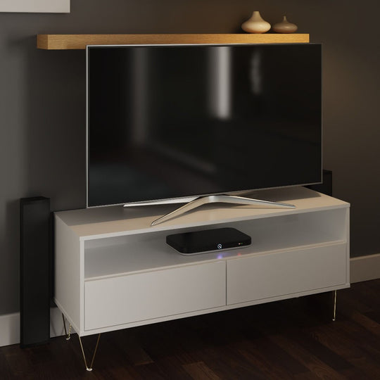 Fifi-Mo White TV Stand Cabinet Unit with 2 Drawers – Modern High Gloss TV Unit with Gold Legs