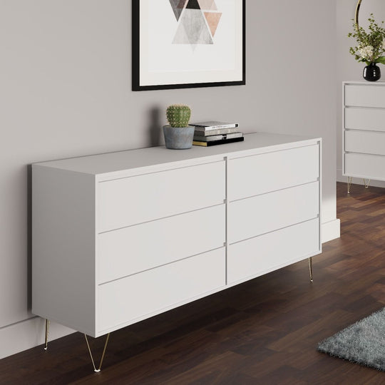 Fifi-Mo 6 Drawer Chest of Drawers Modern White Bedroom, Living Room Furniture with Gold Legs