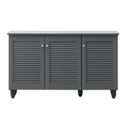 Dark grey wooden shoe rack cabinet with 3 doors, spacious storage stand for 15 pairs of shoes, space-saving organiser by Lavish Kitchen Isle