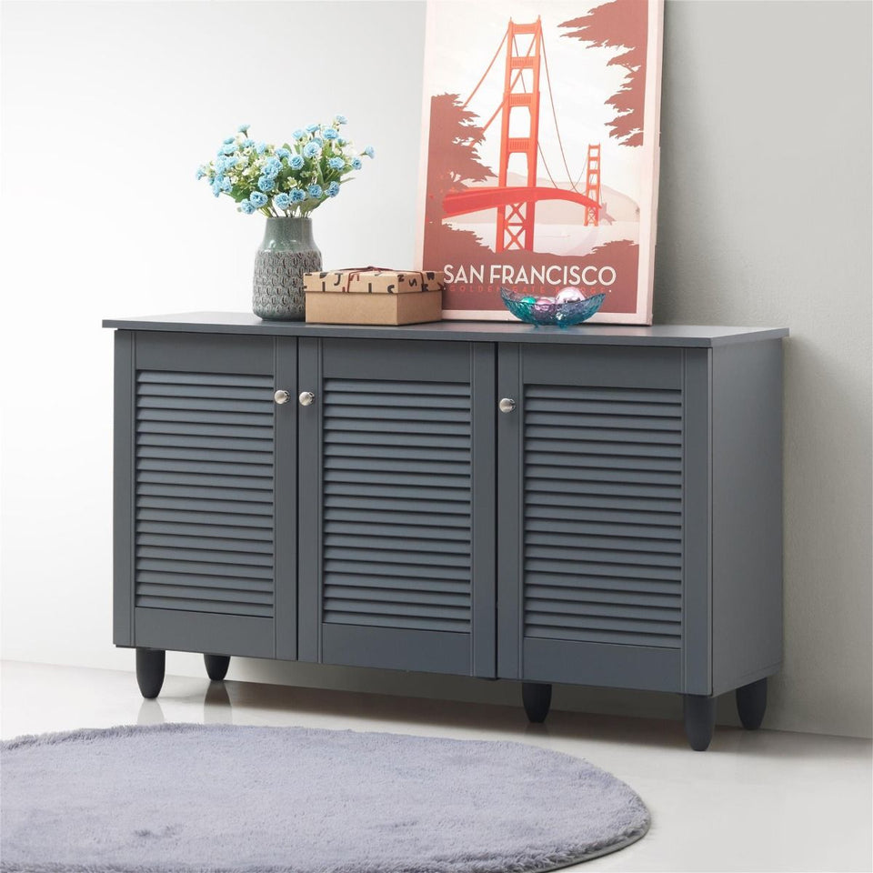 Lavish Kitchen Isle 3-door Sonoma Oak grey shoe cabinet with storage for up to 15 pairs of shoes, modern furniture for entryway organization.